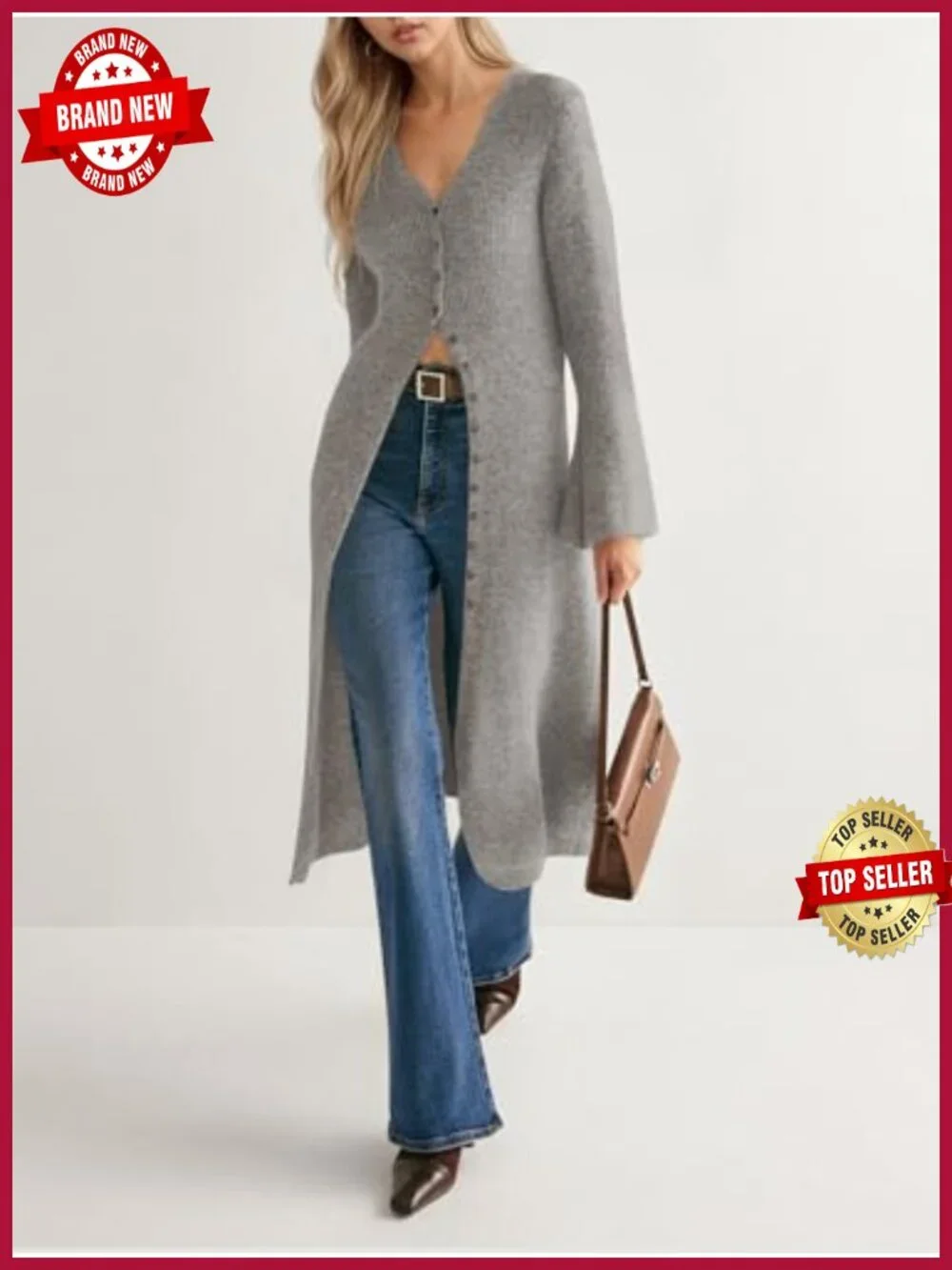 Women's Chunky Knit Long Cardigan Open Front Bell Sleeve Midi Dress